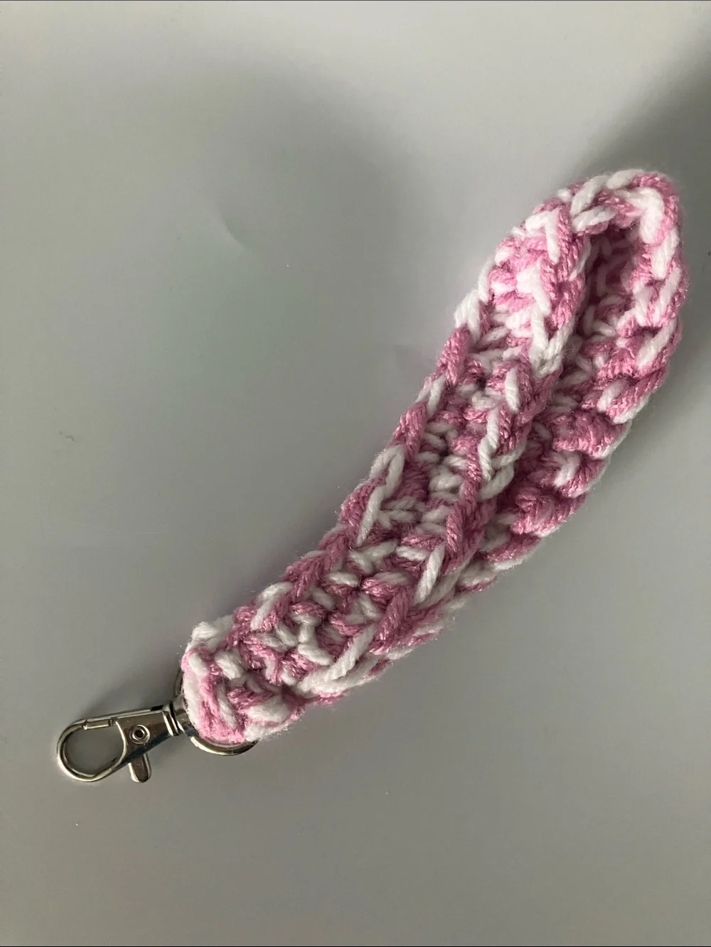 Handmade Pink and White Crochet Keychain Wristlet key Holder